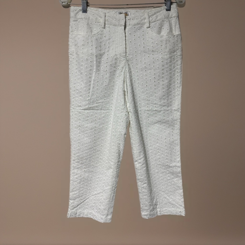 Talbots White Eyelet Lace Cotton Capris Cropped Pants 4 Stretch NWT Cottagecore